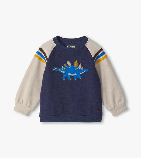 Kids pullover sweatshirt in navy and cream with blue stegosaurus graphic and striped raglan sleeves