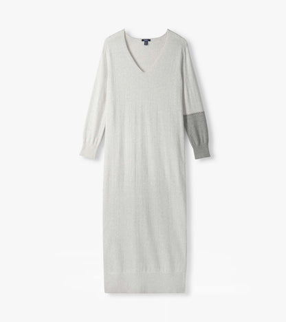 Pale grey melange maxi sweater dress laid flat with V-neck, long sleeves, and contrast right forearm panel