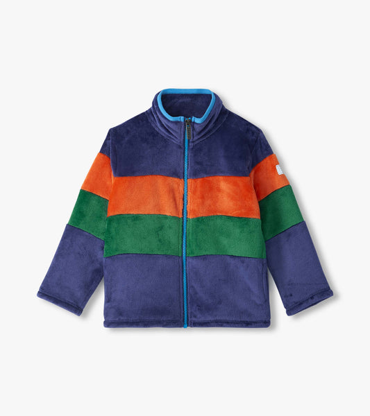 Front view of boys colorblock mockneck fleece jacket in blue, orange, and green with full zip