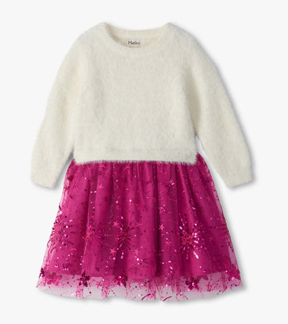 Girls Starburst Sequins Fuzzy Mixed Dress