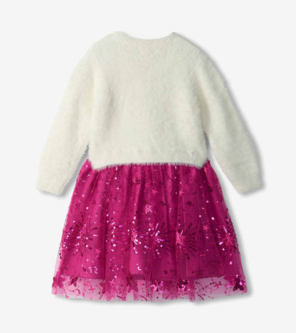 Girls Starburst Sequins Fuzzy Mixed Dress