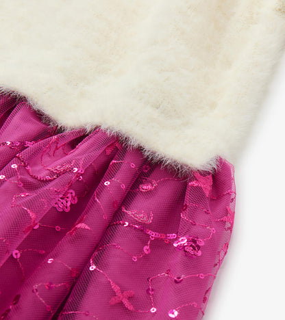 Girls Starburst Sequins Fuzzy Mixed Dress
