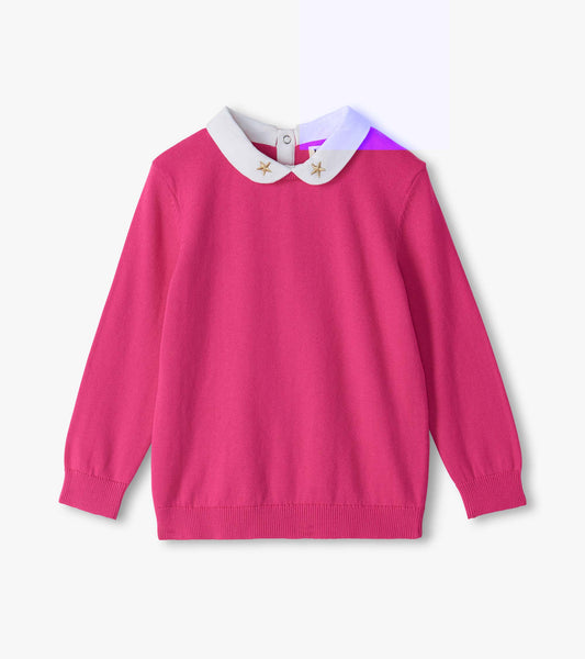 Pink long-sleeve sweater with white Peter Pan collar and gold star embroidery on the collar tips
