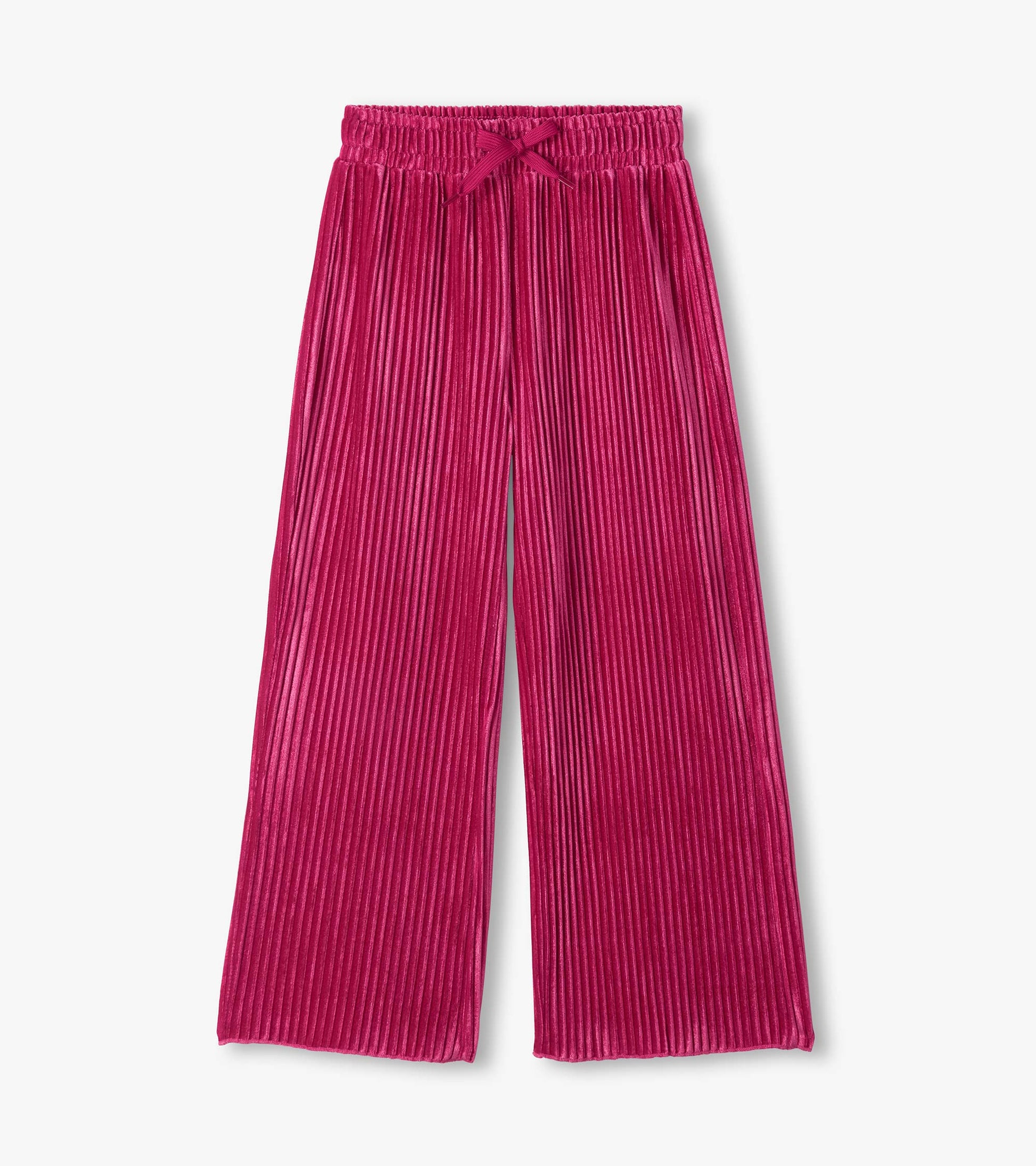 Bright pink pleated relaxed pants with an elastic drawstring waist and wide straight legs