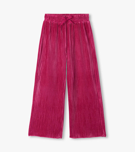 Bright pink pleated relaxed pants with an elastic drawstring waist and wide straight legs