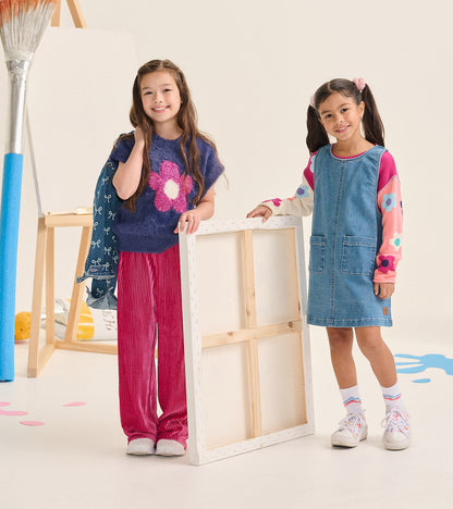 Girls Pink Pleated Velour Relaxed Pants