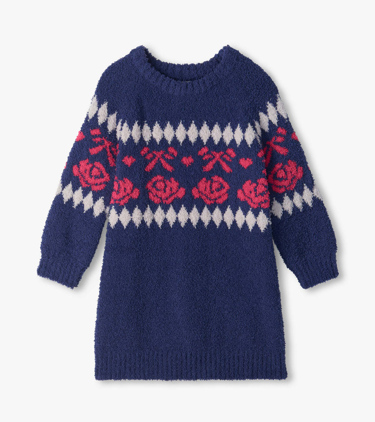 Front view of girls navy sweater dress with pink roses and bows, white diamond pattern, and long raglan sleeves
