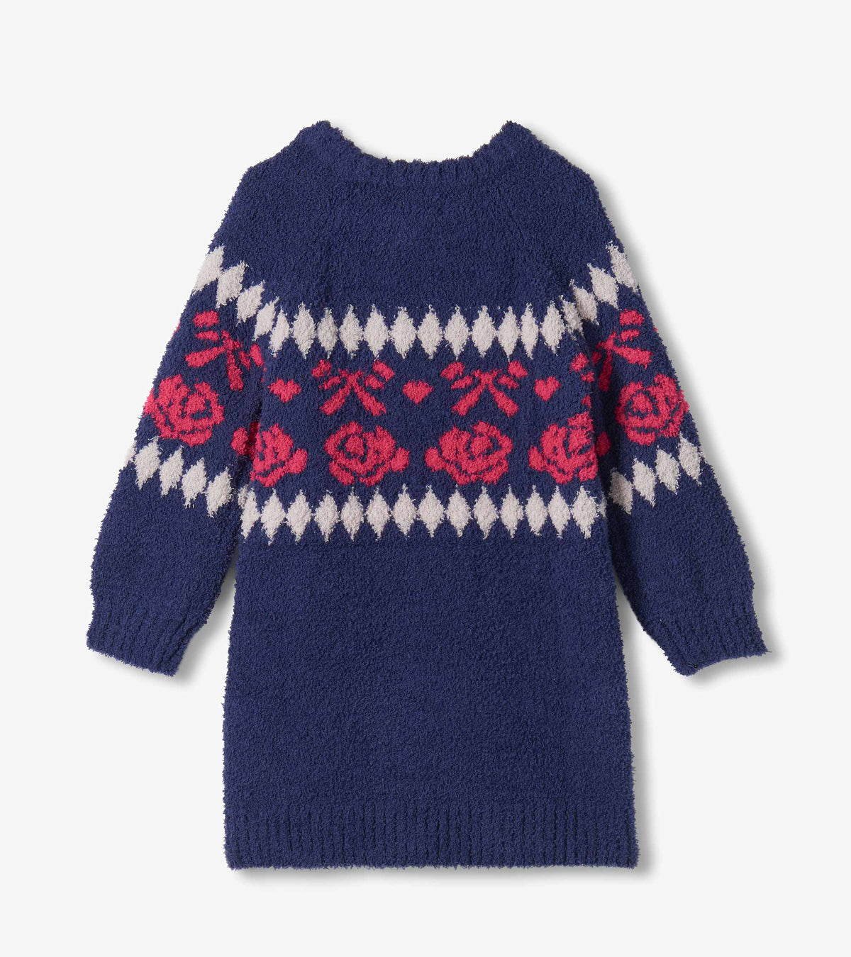 Back view of girls navy sweater dress with pink roses and bows, white diamond pattern, and long sleeves