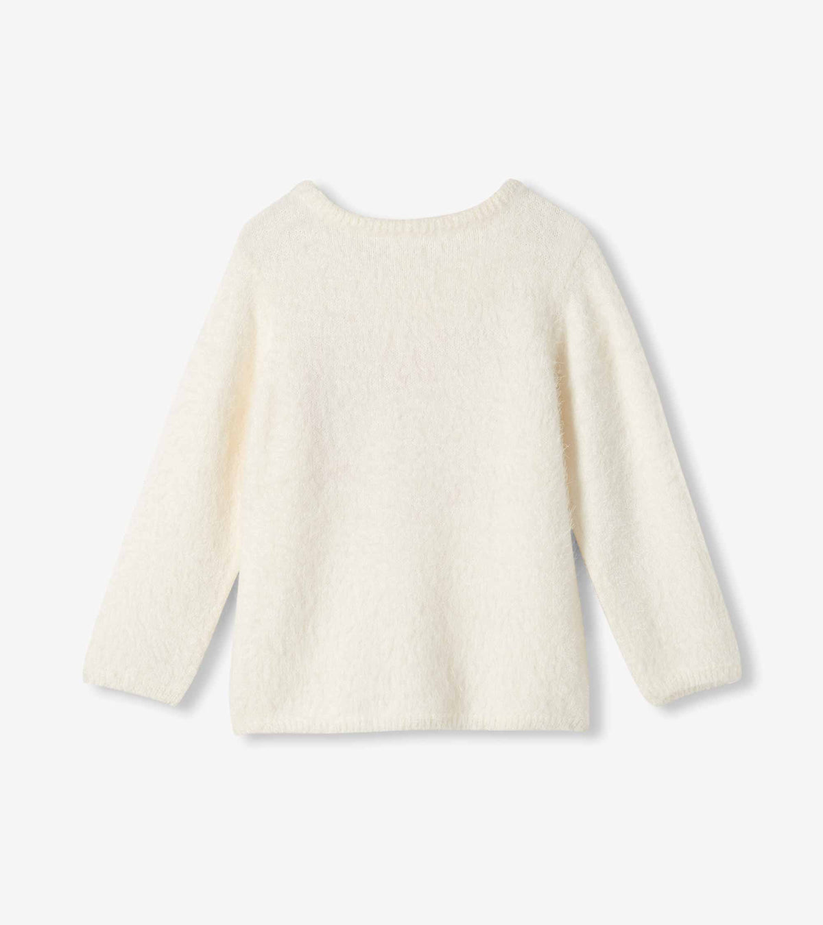 Back view of cream fuzzy girls sweater with long sleeves