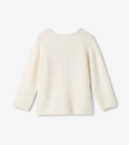 Back view of cream fuzzy girls sweater with long sleeves