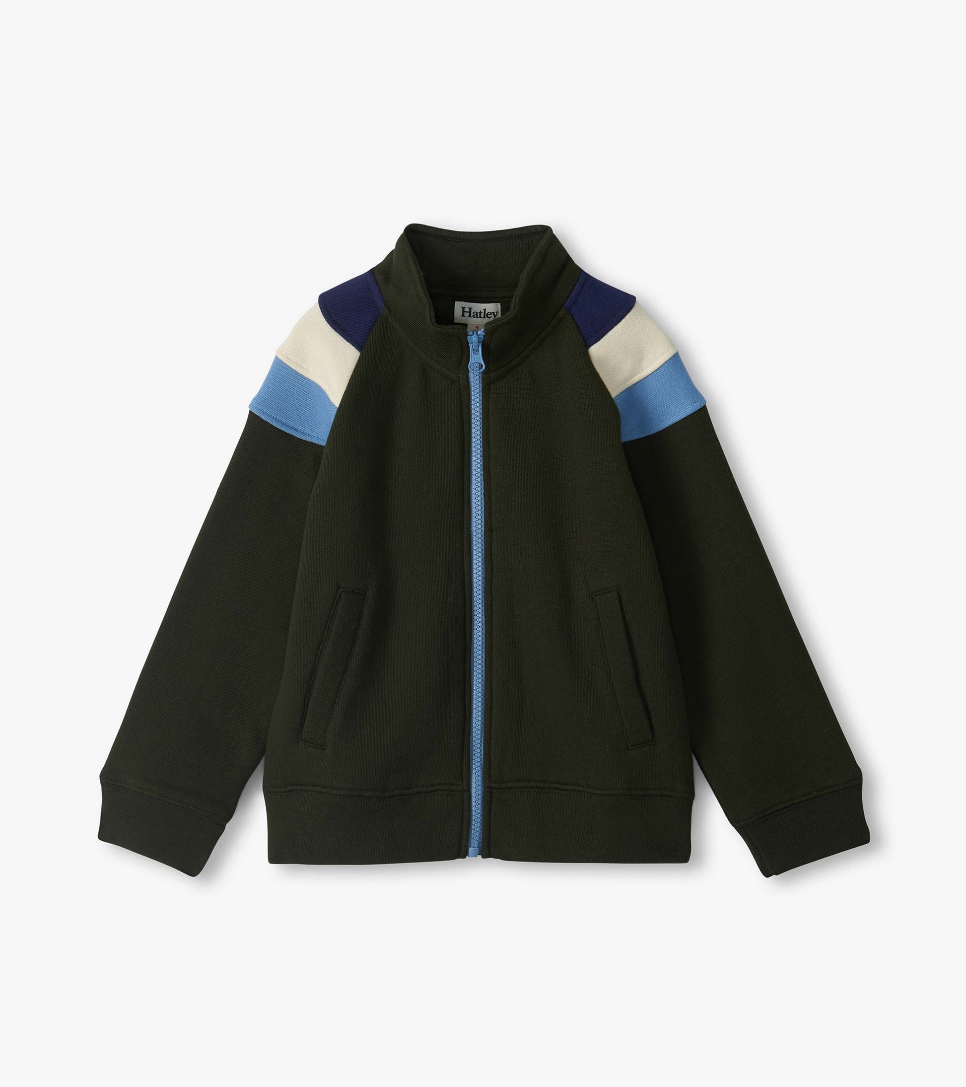 Kids mock neck jacket in dark green with blue zipper and blue, cream, and navy shoulder panels