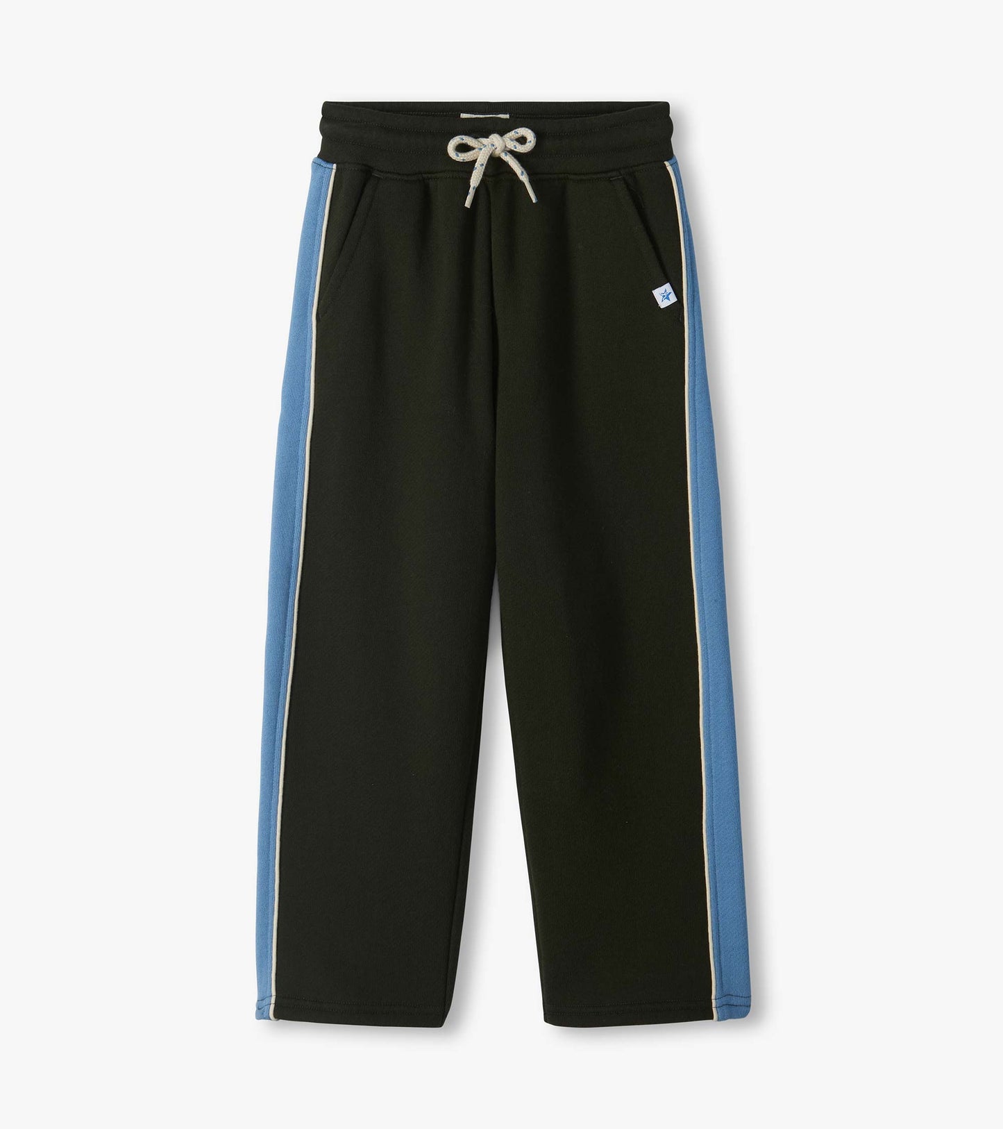 Black athletic pants with blue side panels, white piping, front pockets, and a drawstring waist