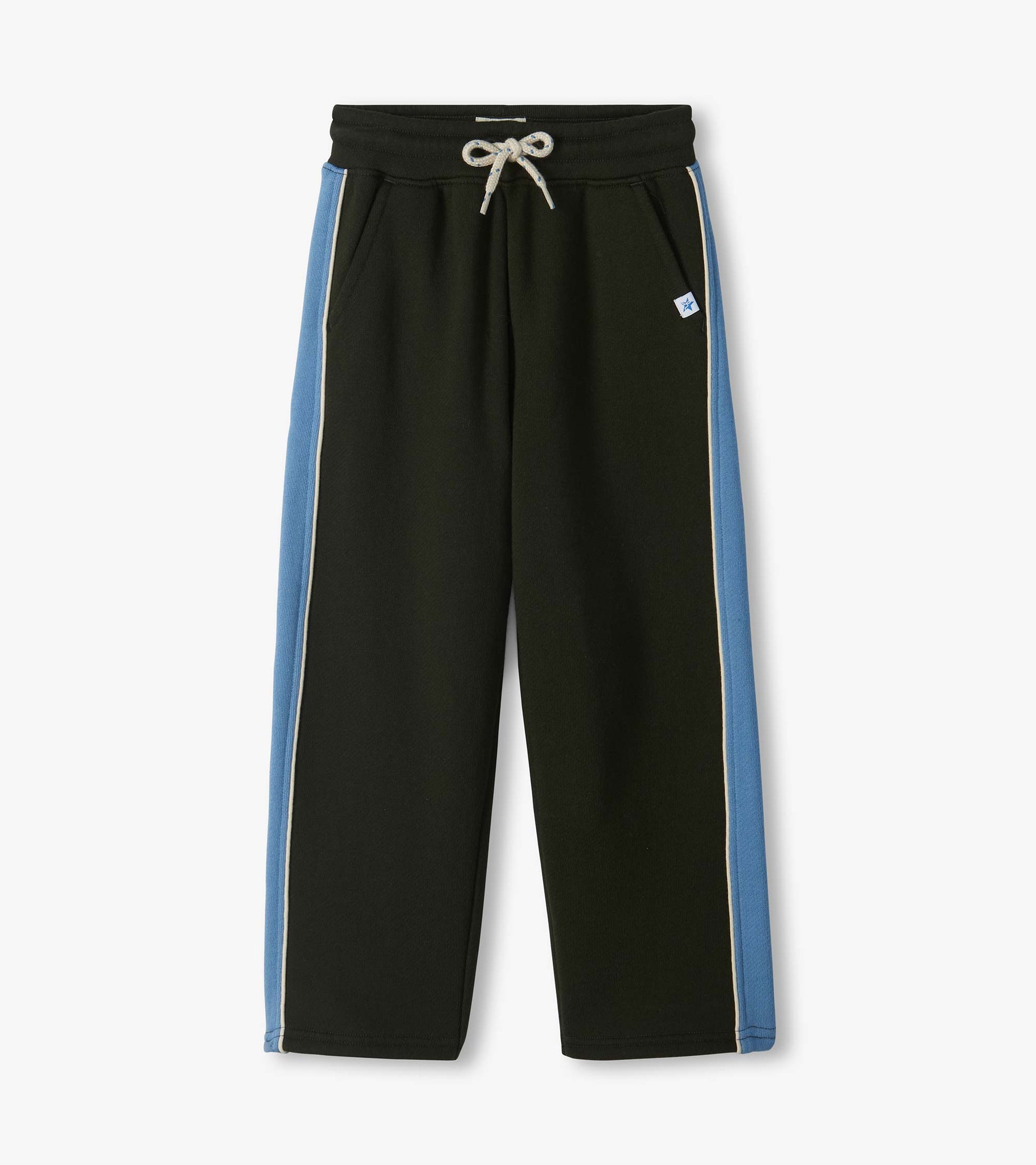 Black athletic pants with blue side panels, white piping, front pockets, and a drawstring waist