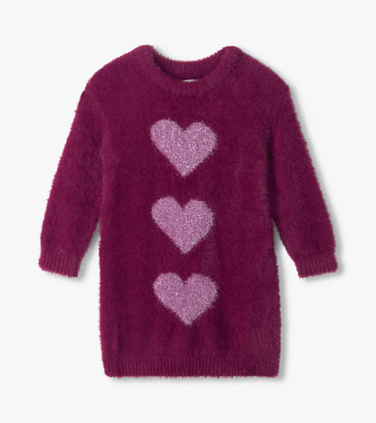 Girls Raspberry Hearts Fuzzy Sweater Dress