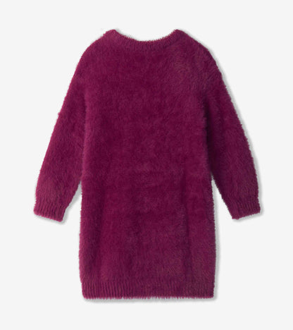 Girls Raspberry Hearts Fuzzy Sweater Dress