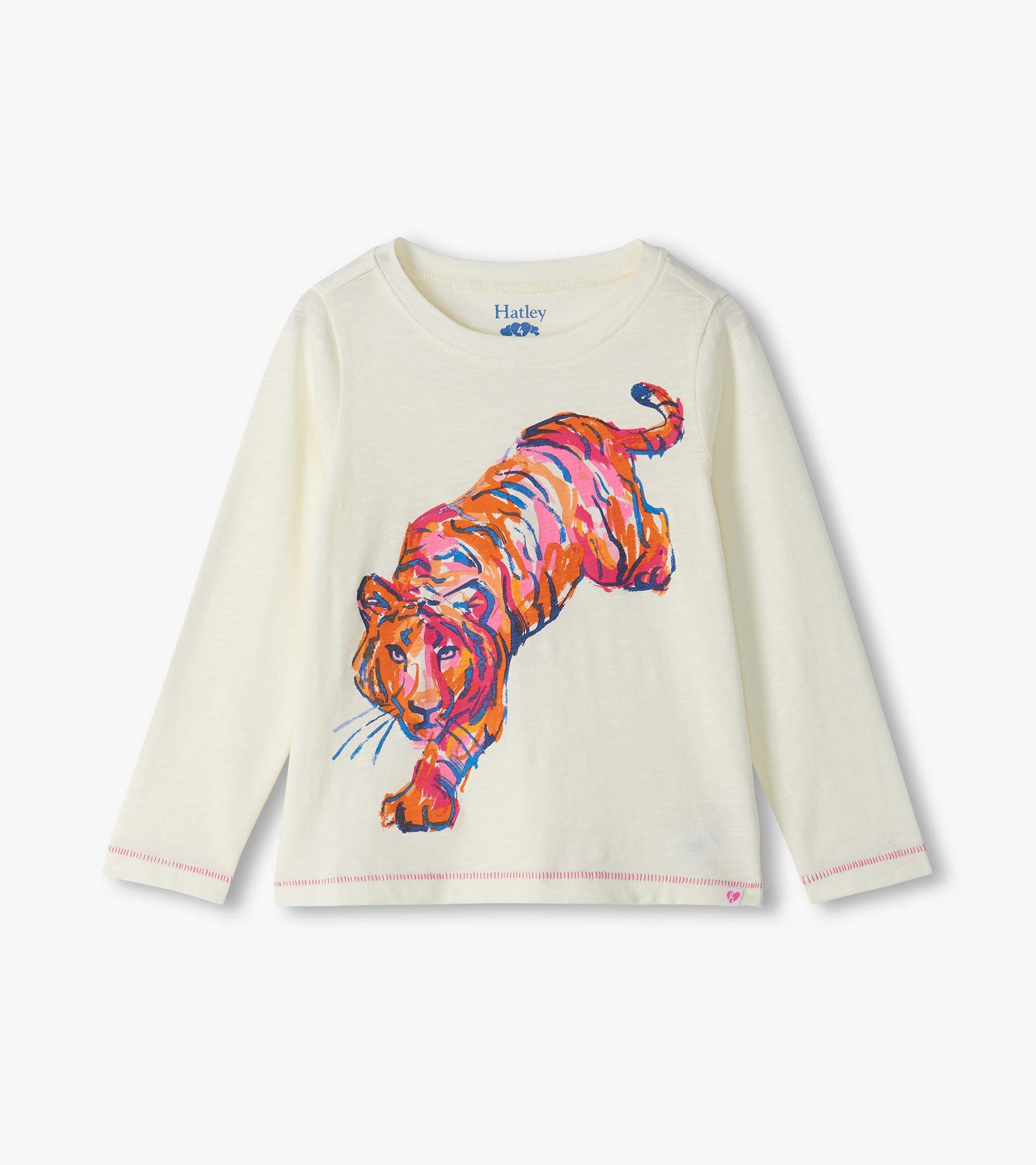 Cream long sleeve tee with colorful tiger graphic on the front and pink stitching at the hem