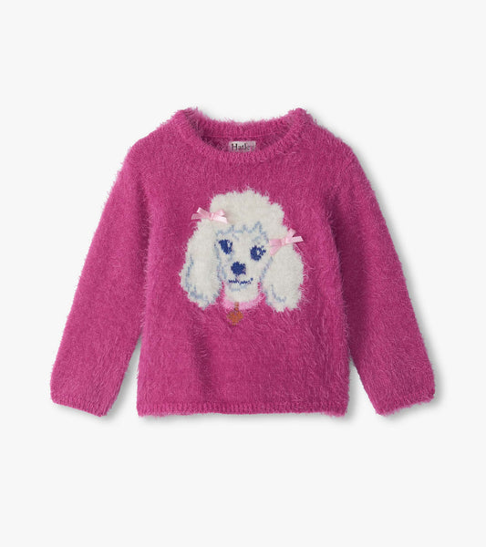 Pink fuzzy knit sweater with a white poodle graphic and two pink bows on the front