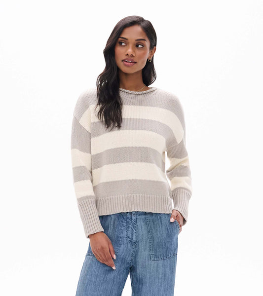 Front view of rolled collar sweater with wide stone and cream horizontal stripes