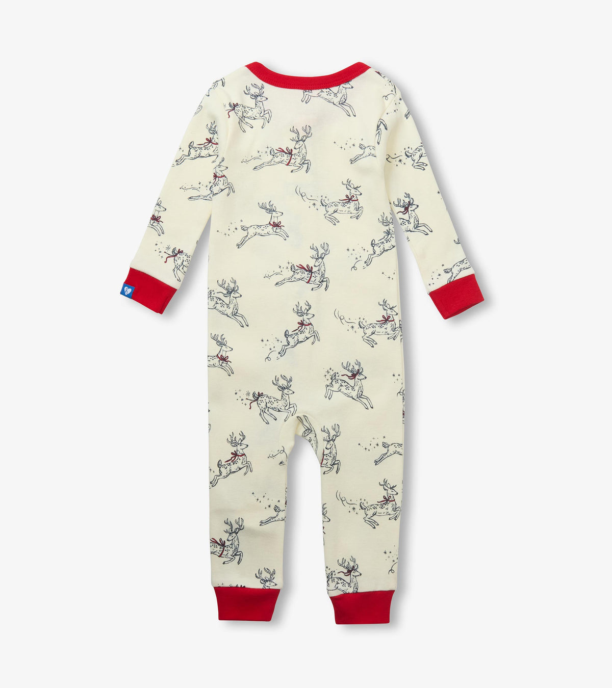 Back view of cream baby sleeper with red trim and leaping deer with star print