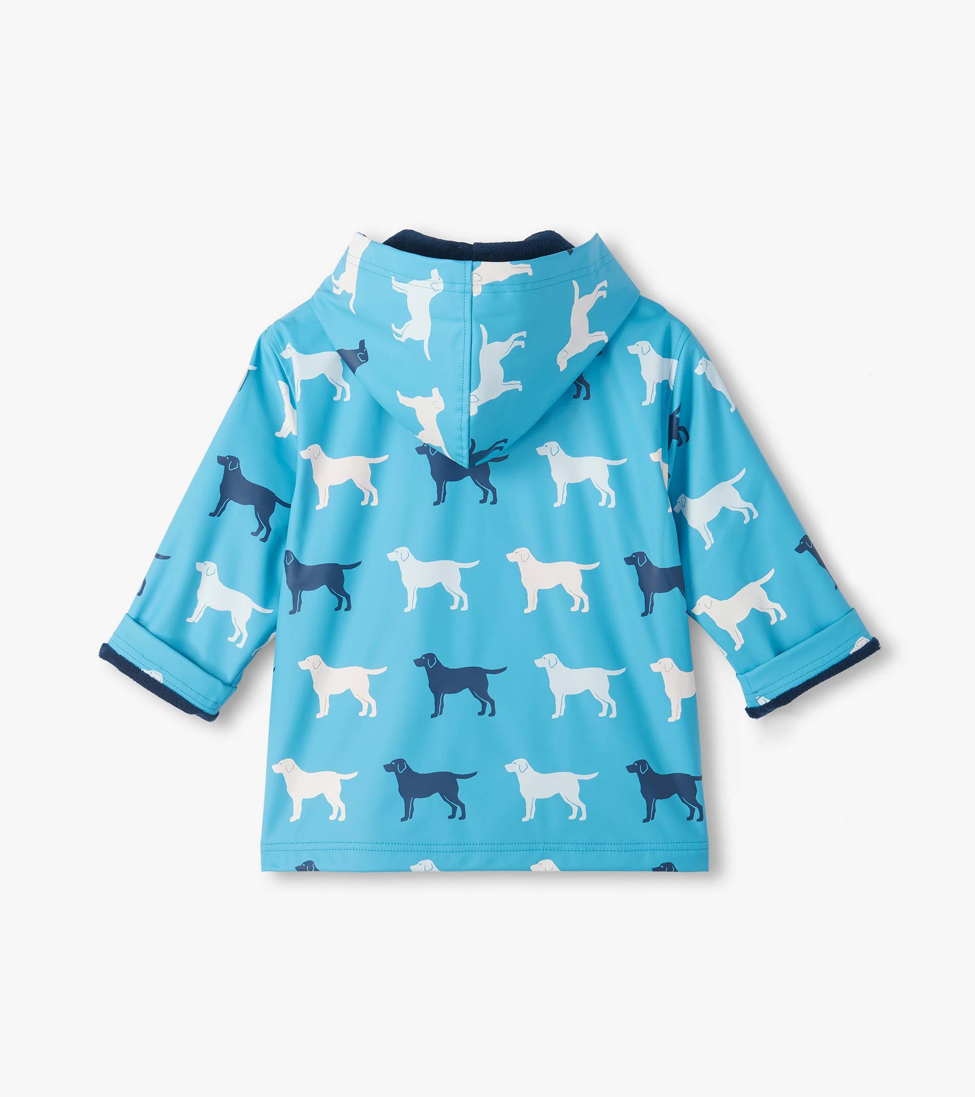 Back view of blue hooded rain coat with white and navy dog silhouette print
