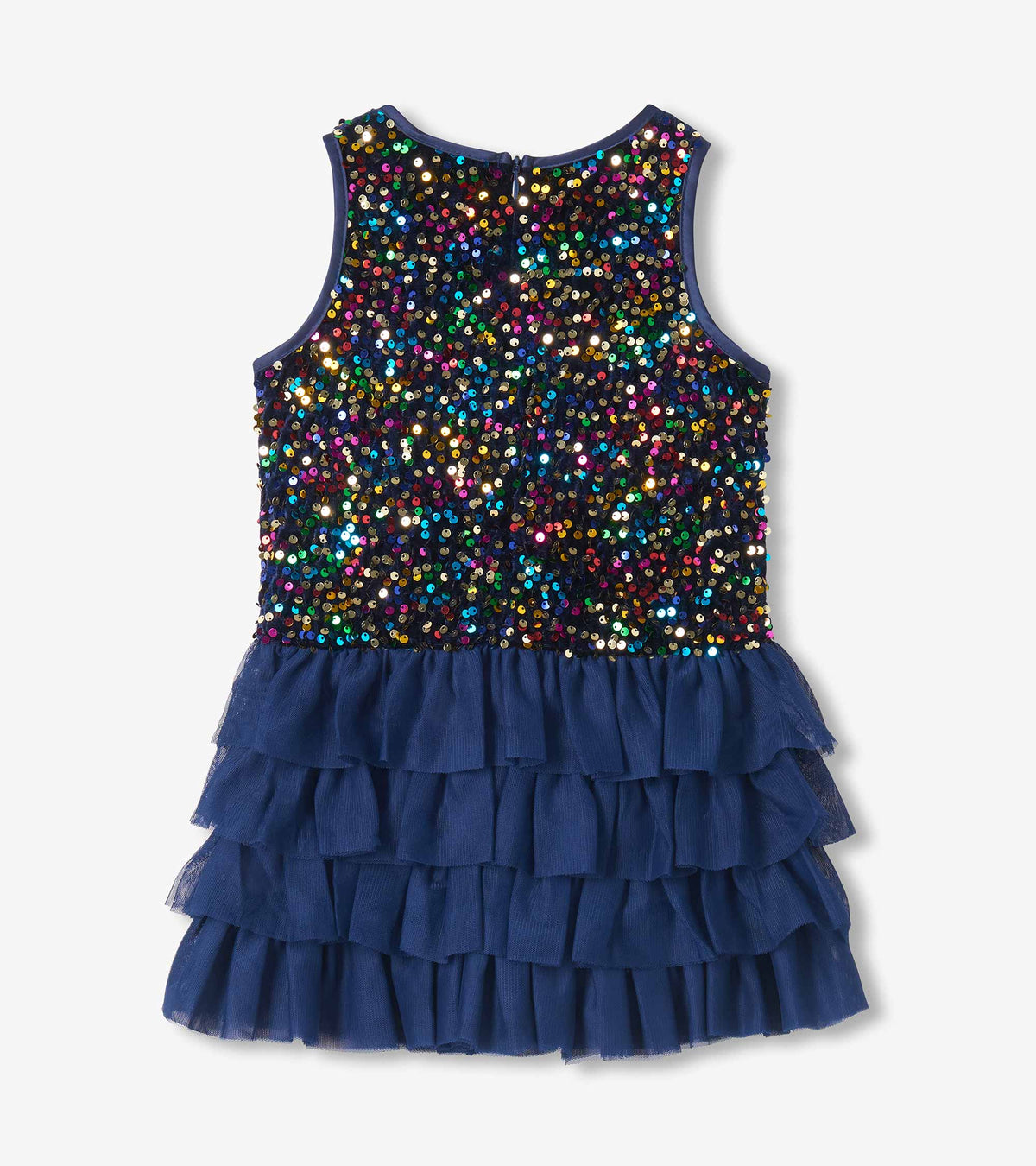 Back view of girls navy dress with multicolor sequin bodice, keyhole zipper, and tiered tulle skirt