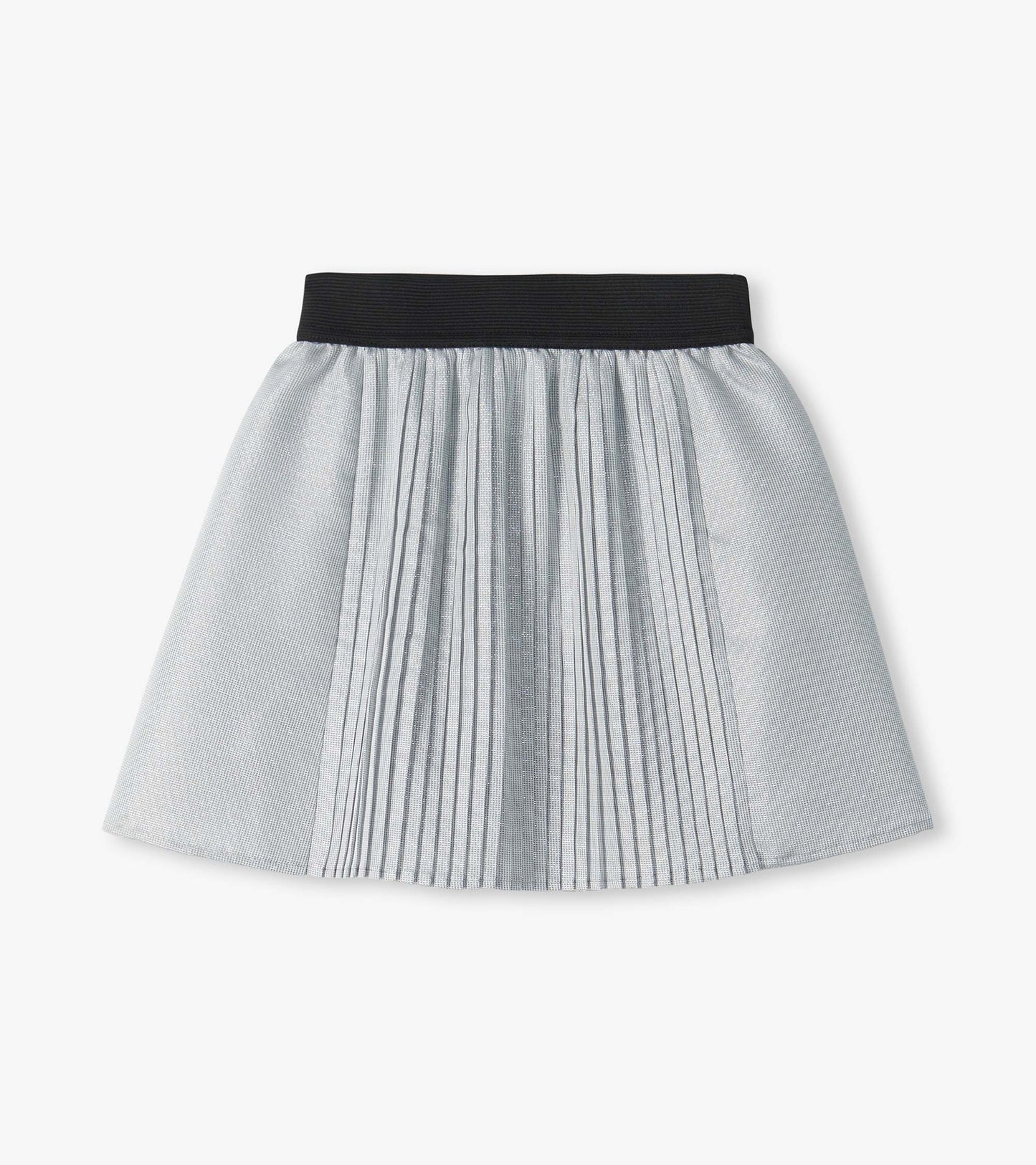 Silver glitter pleated skirt with a black elastic waistband and flared shape