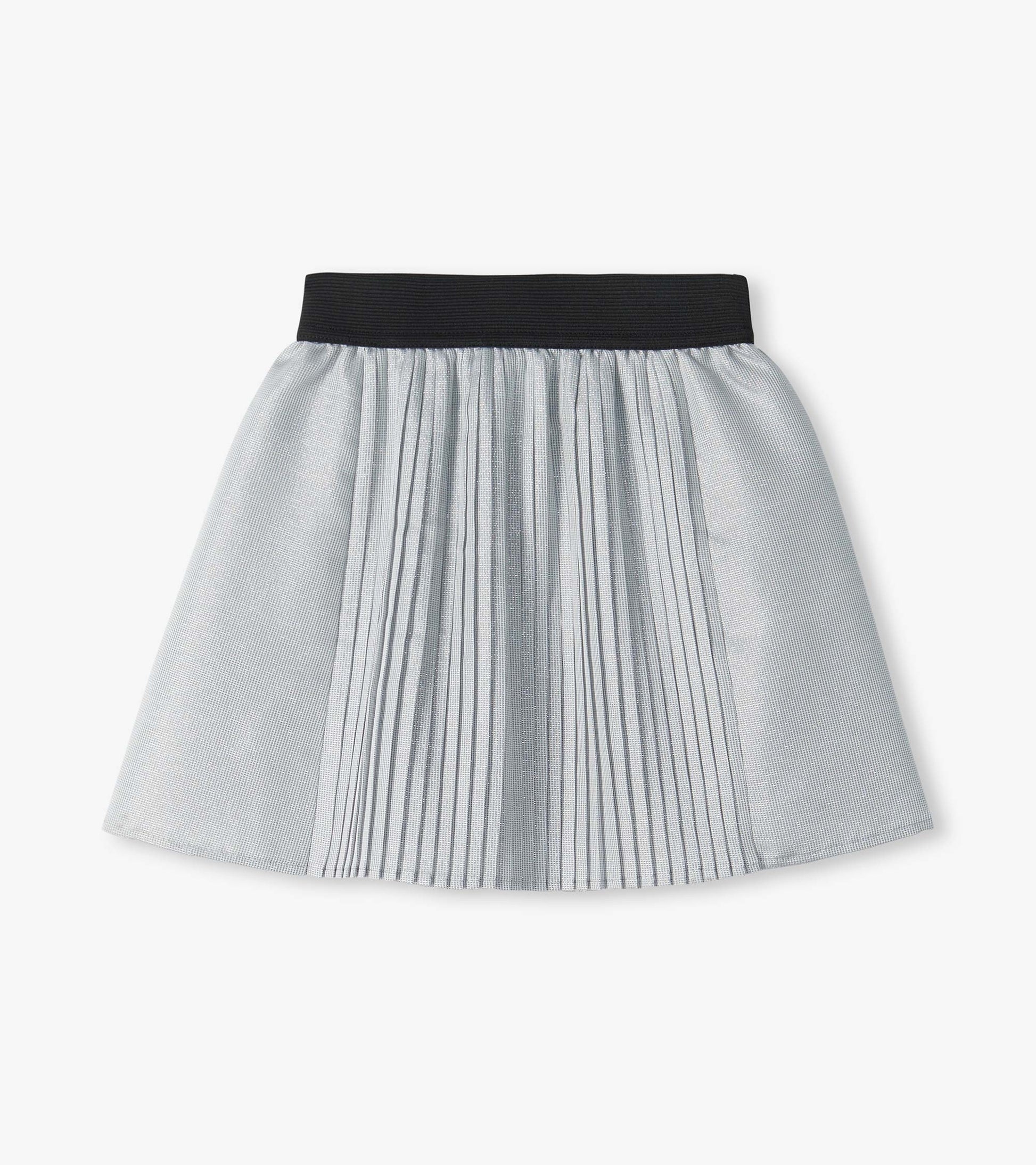 Silver glitter pleated skirt with a black elastic waistband and flared shape