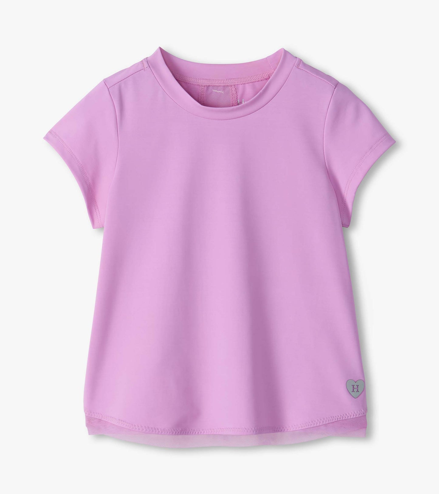 Front view of lilac short-sleeve tee with mesh hem trim and small heart H patch near the lower side