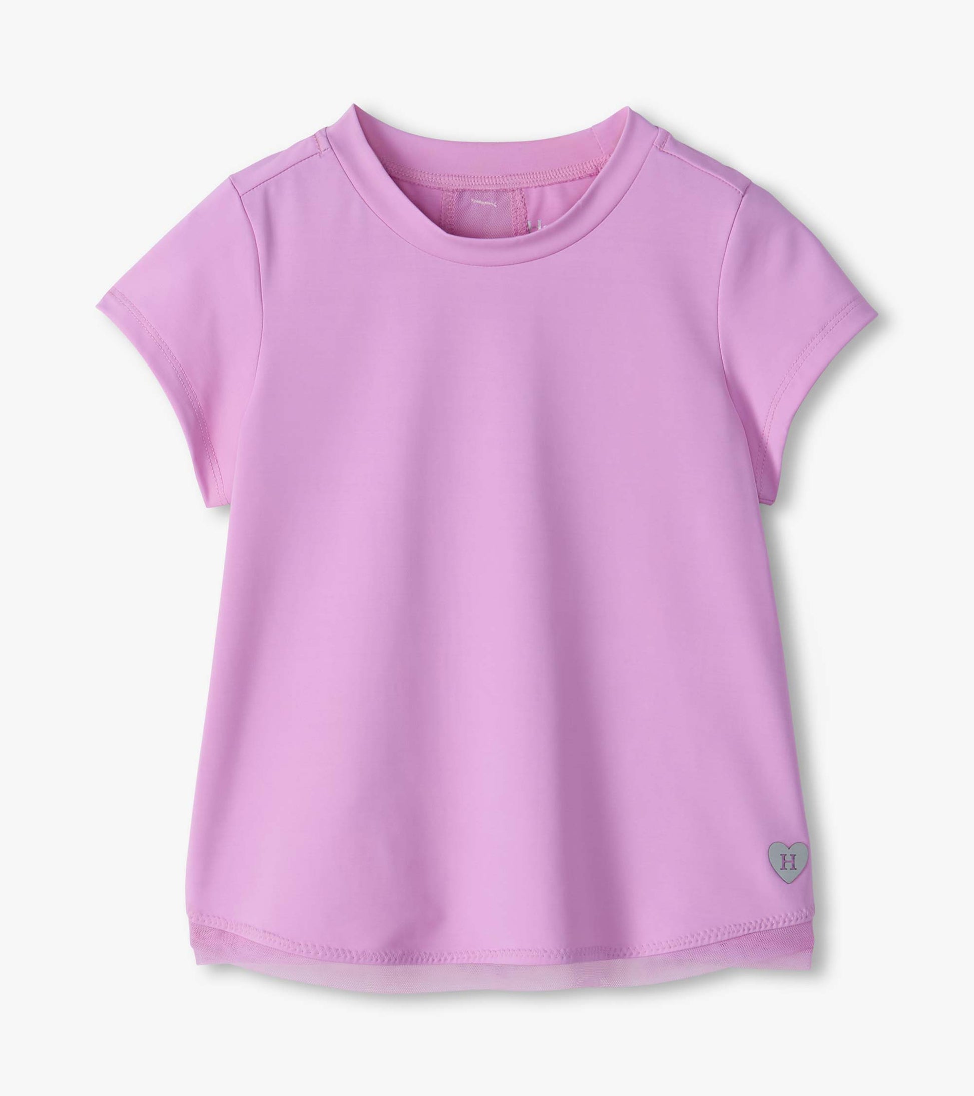 Front view of lilac short-sleeve tee with mesh hem trim and small heart H patch near the lower side