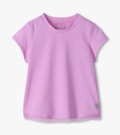 Front view of lilac short-sleeve tee with mesh hem trim and small heart H patch near the lower side