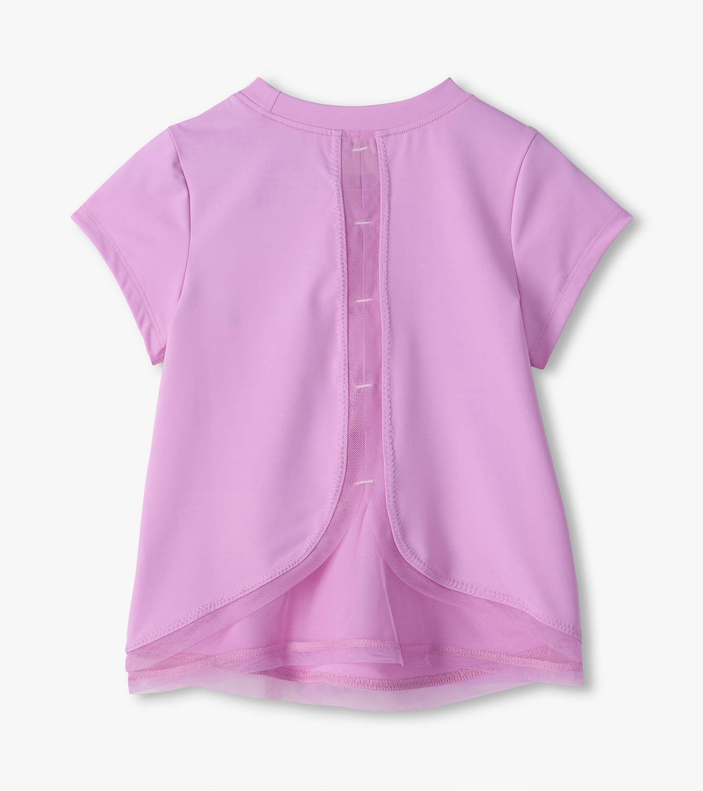 Back view of lilac short-sleeve tee with center mesh panel and curved overlap back opening