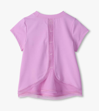 Back view of lilac short-sleeve tee with center mesh panel and curved overlap back opening