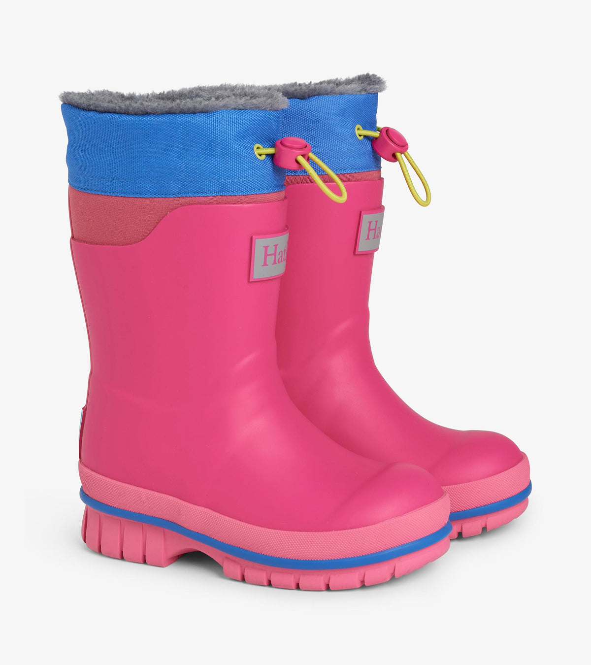 Pair of pink kids winter boots with blue cuff, gray lining, yellow toggle drawcord, and lug soles