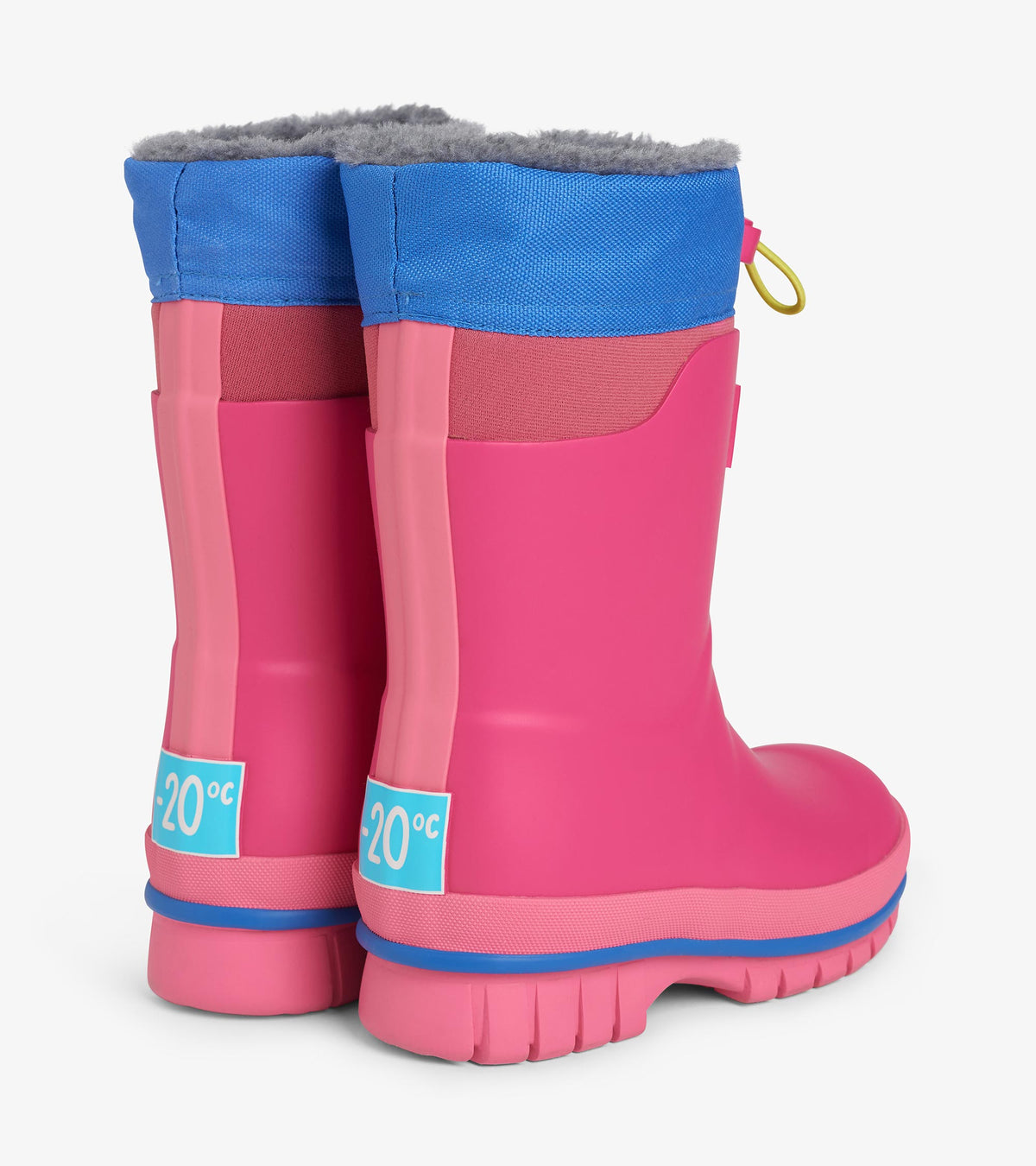 Back view of pink kids boots with blue cuff, gray lining, yellow drawcord, and deep tread soles