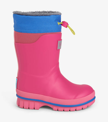 Side view of a pink Boreal boot with blue cuff, gray lining, yellow toggle drawcord, and lug sole