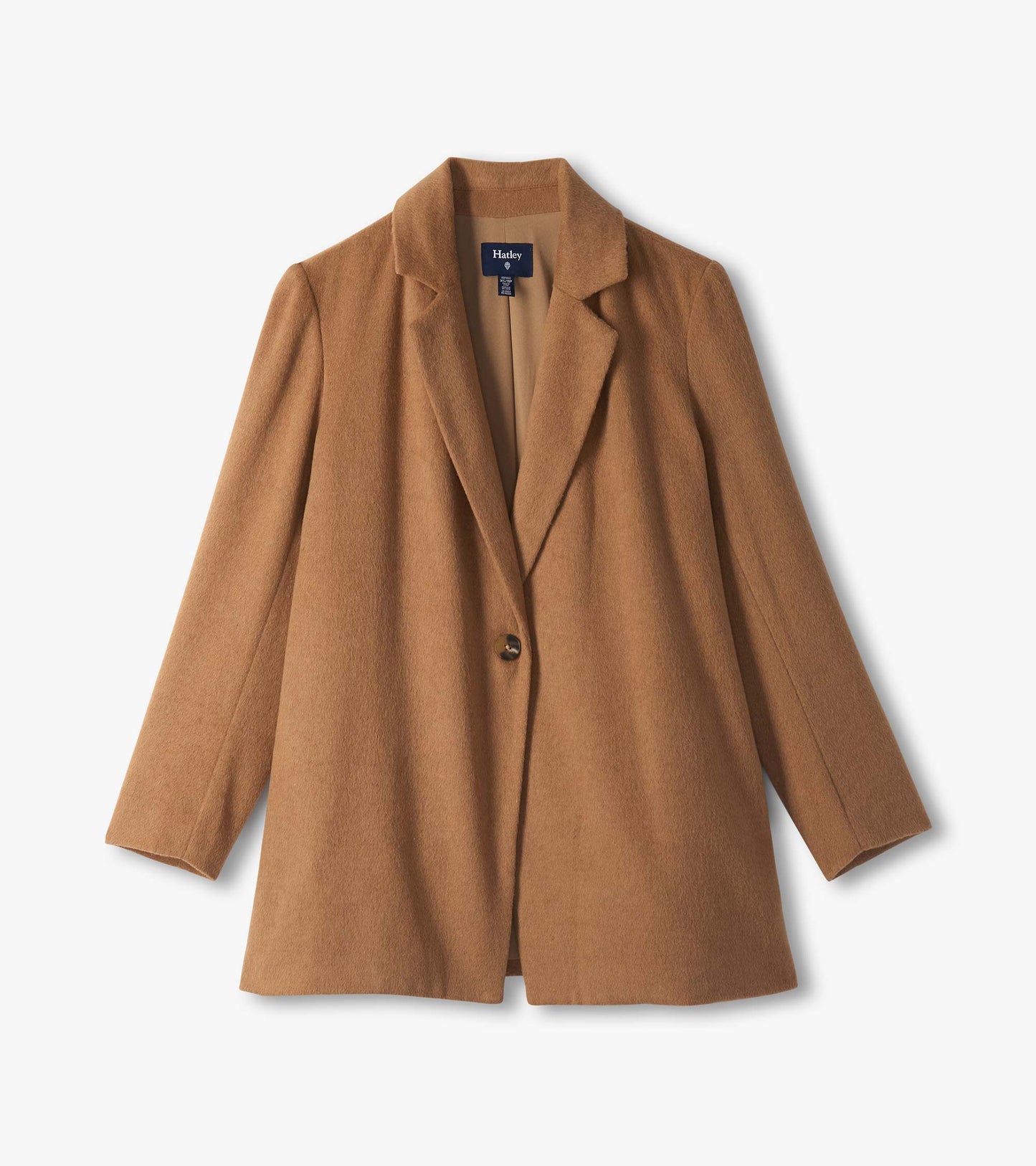 Camel jacket laid flat, front view with notched lapels and single-button closure