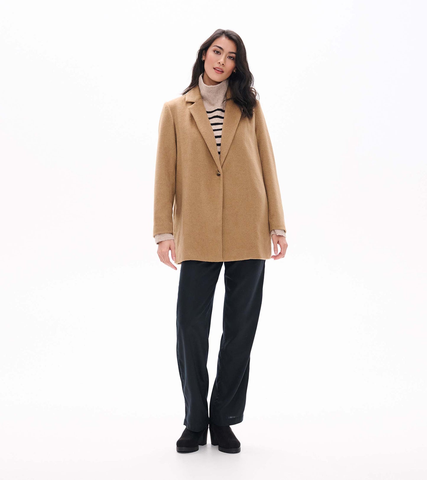 Front view of burro brown open jacket with notched lapels and single-button closure
