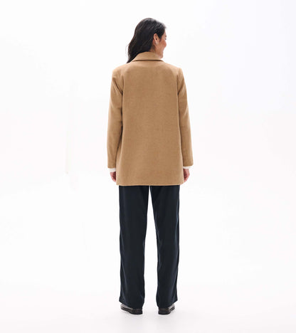 Back view of burro brown open jacket with straight hem and tailored collar