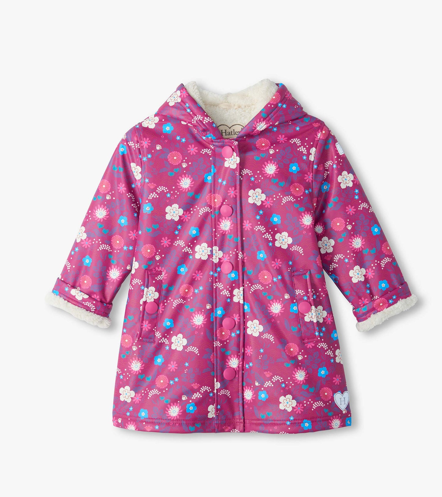 Front view of kids pink hooded jacket with floral print, snap buttons, patch pockets, and cream sherpa lining