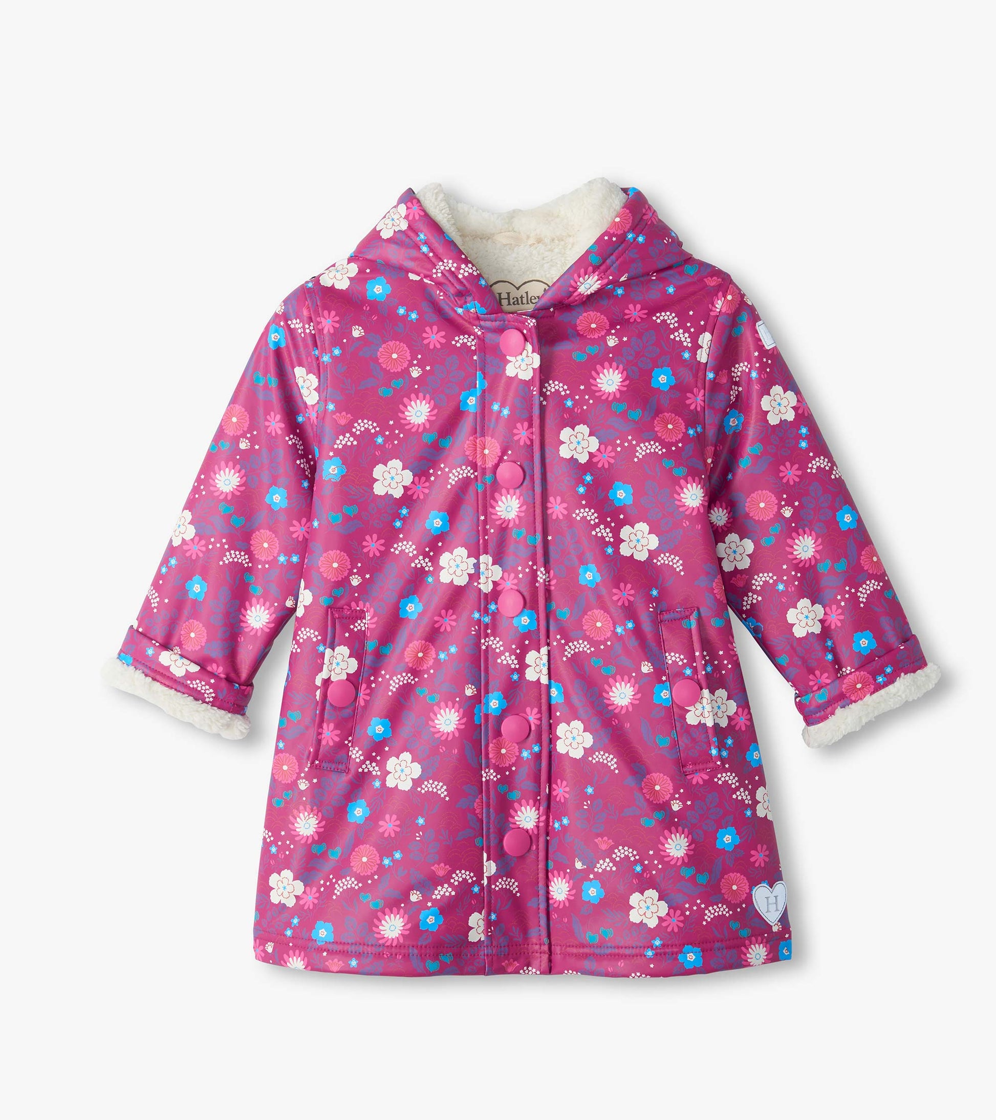 Front view of kids pink hooded jacket with floral print, snap buttons, patch pockets, and cream sherpa lining