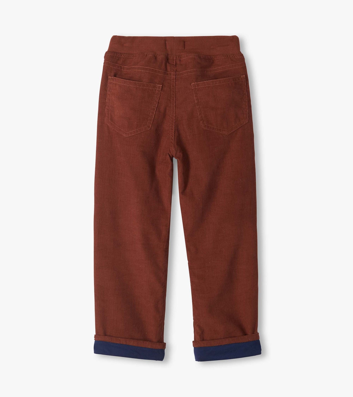 Back view of tortoise brown pull-on pants with two back patch pockets and turned-up navy cuffs