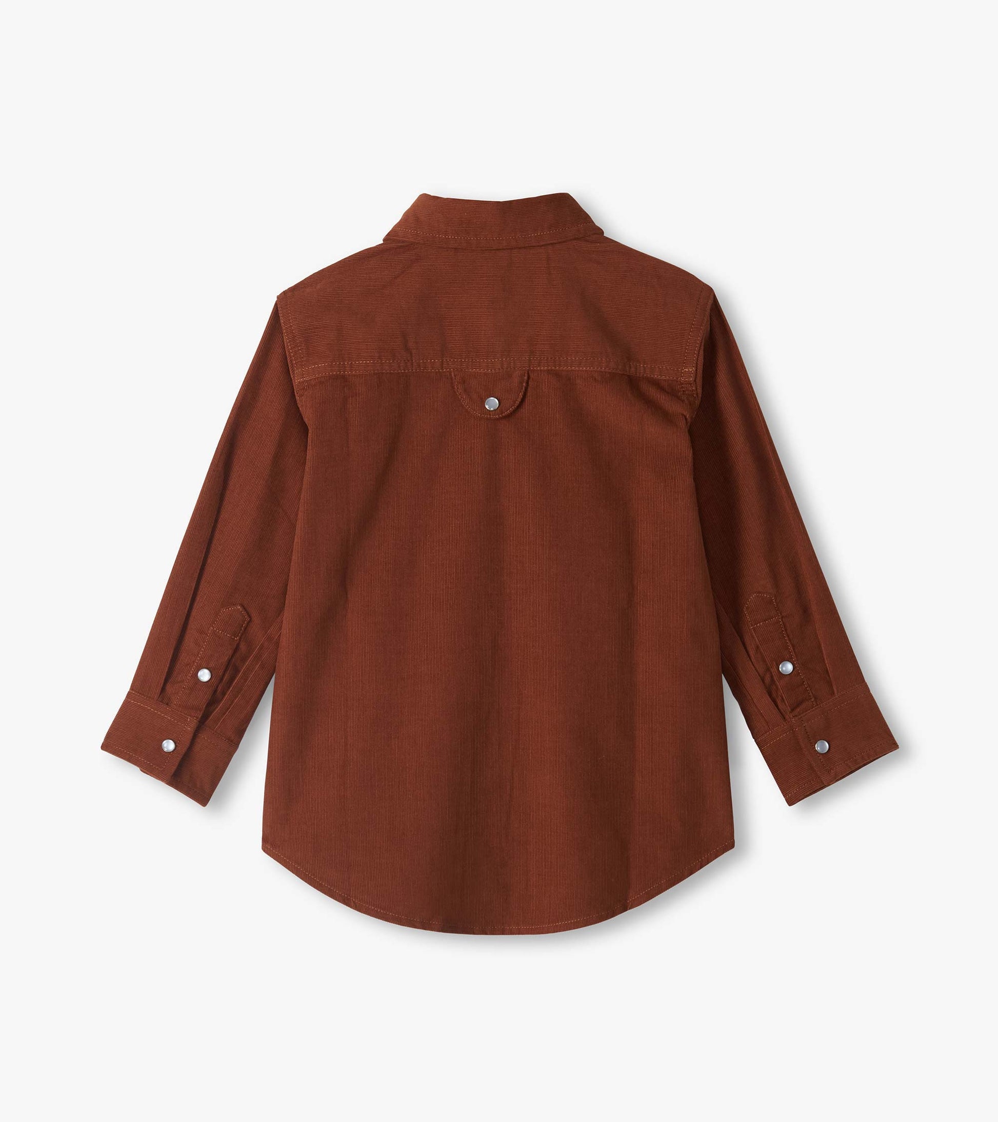 Back view of boys' brown long-sleeve button-down shirt with yoke detail and snap cuff closures