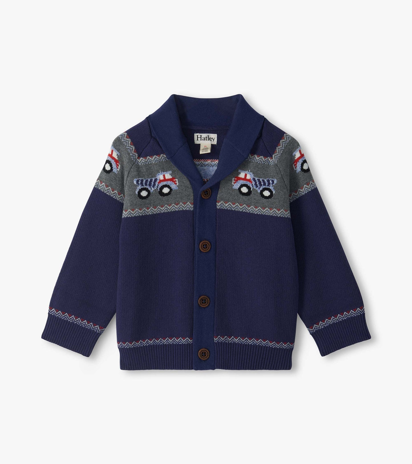 Navy shawl collar cardigan with button front, truck pattern across the chest, and striped trim at cuffs and hem