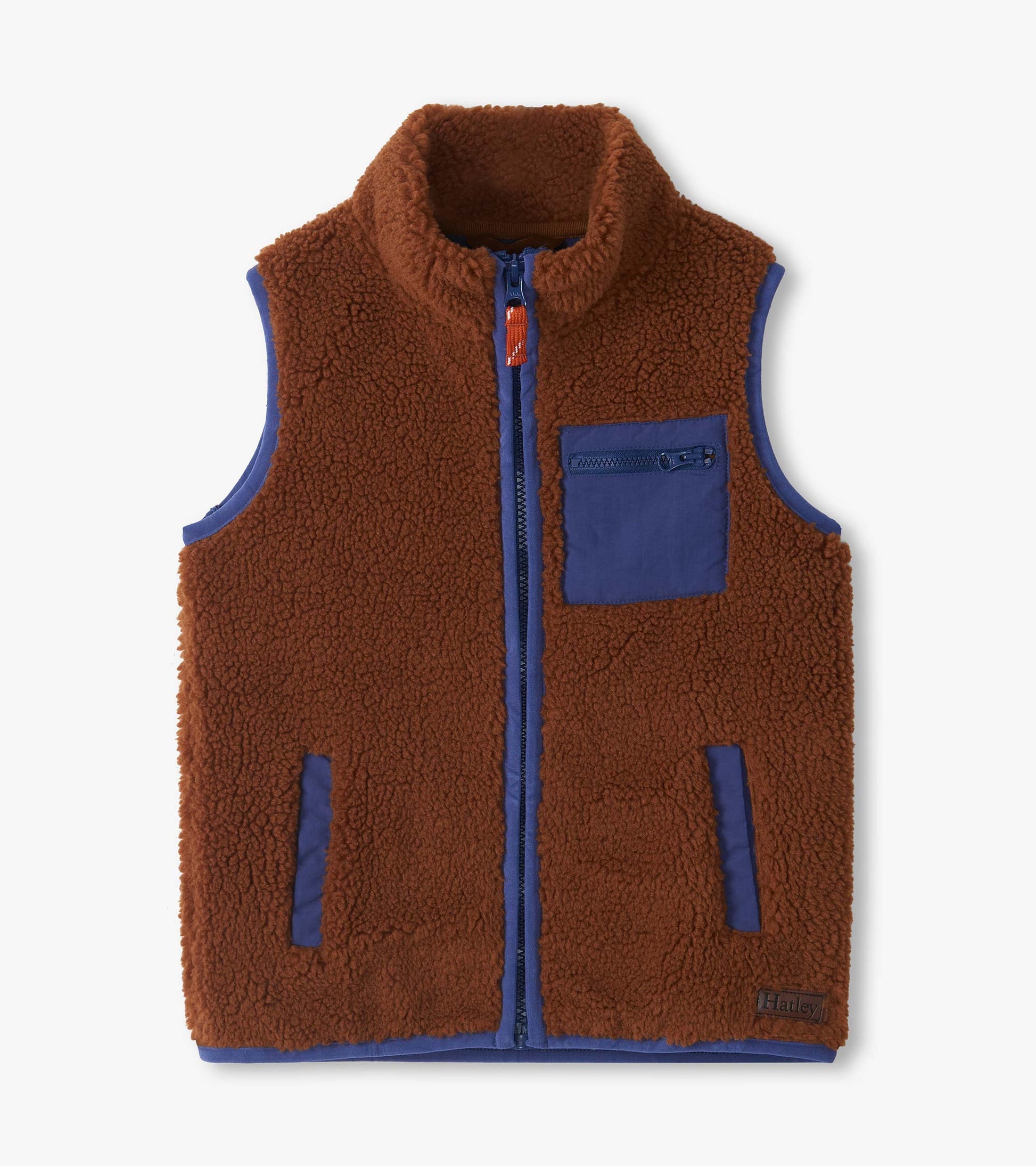 Brown sherpa zip vest with blue trim, stand collar, chest zip pocket, and front hand pockets