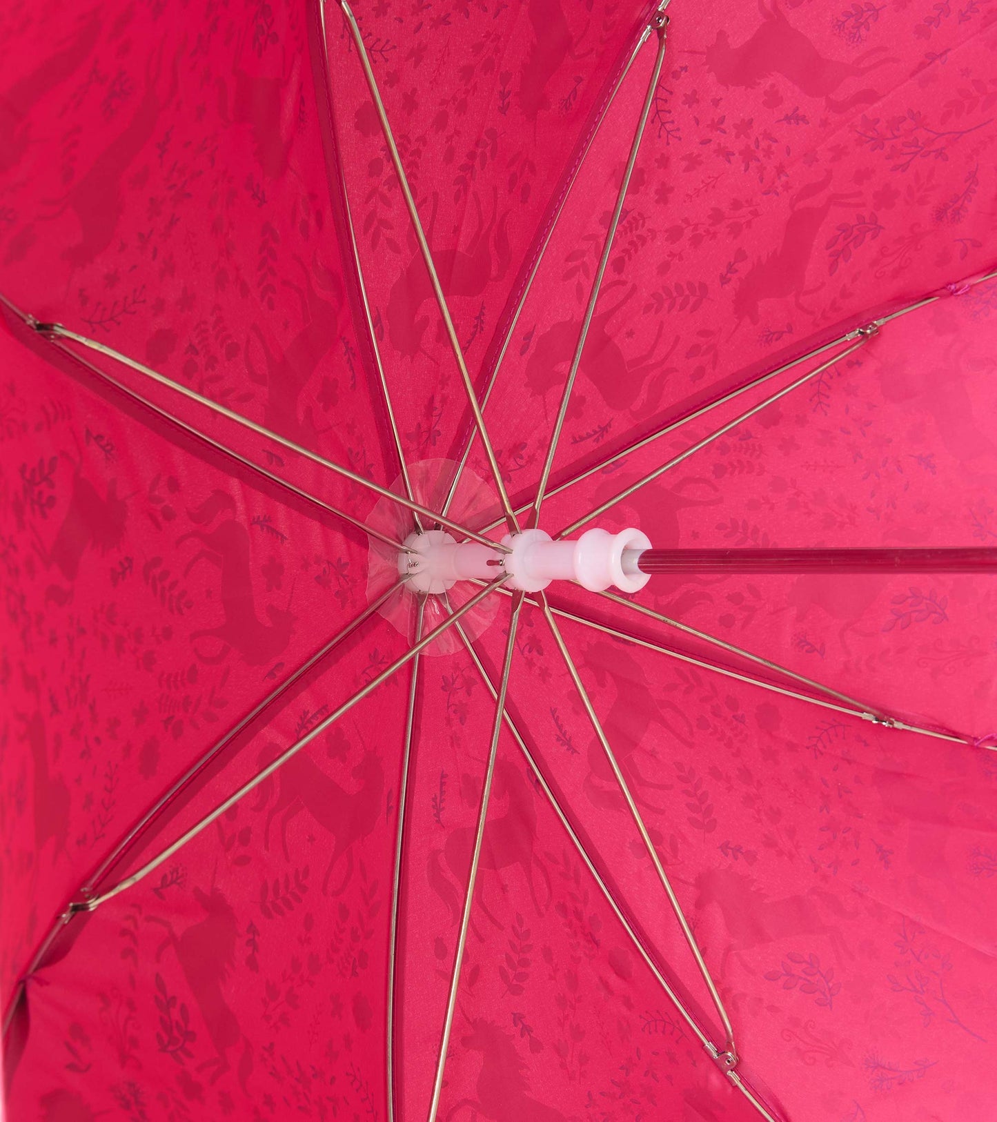 Interior view of pink umbrella showing metal ribs and unicorn forest pattern through the canopy