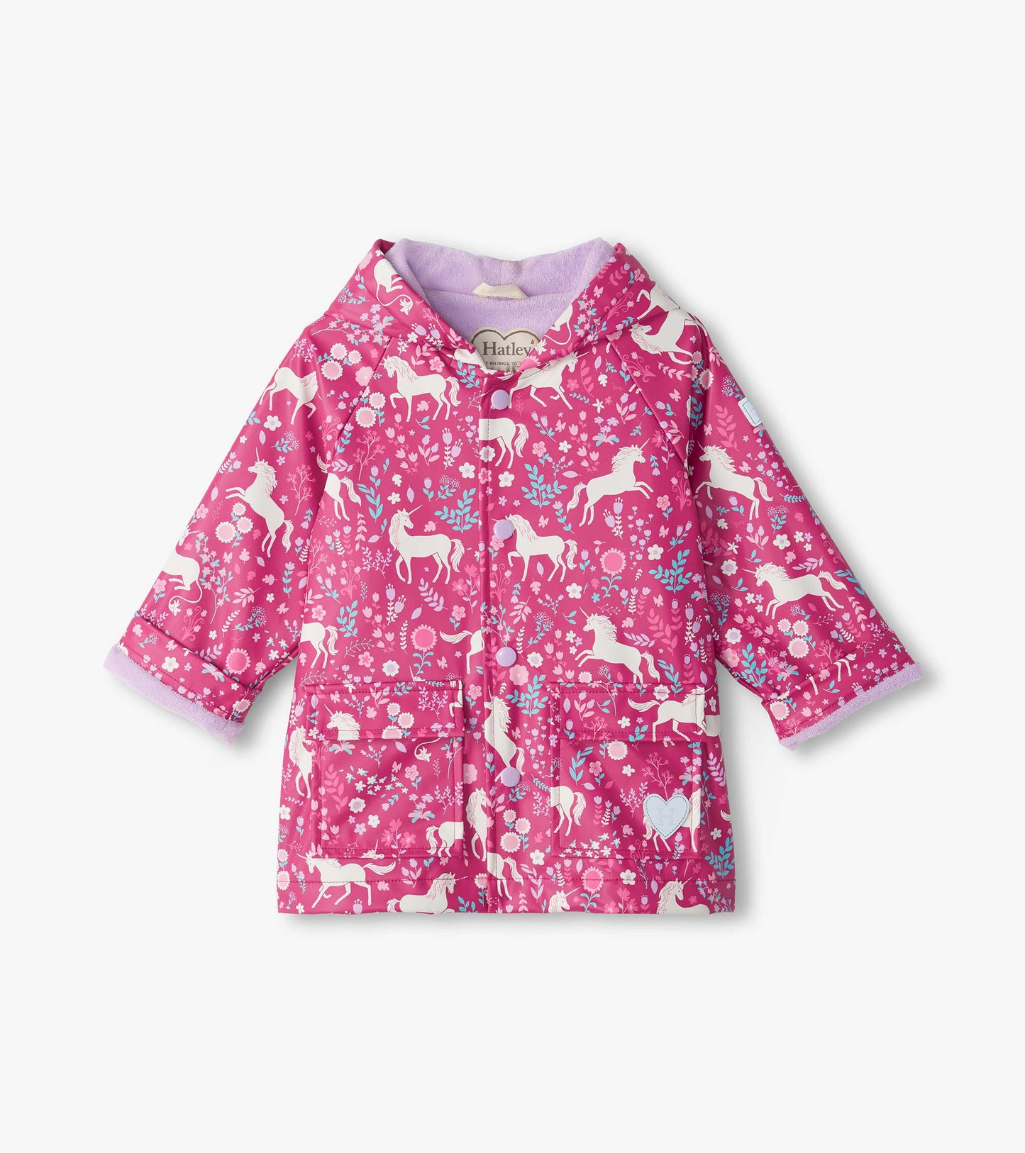 Front view of pink hooded snap rain coat with white unicorn and floral print, flap pockets, and lavender lining