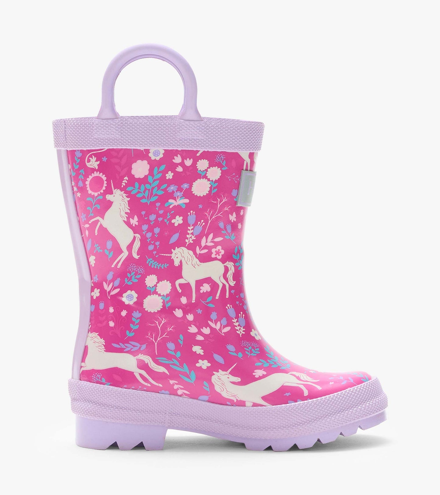 Side view of a pink rain boot with lavender handle and sole, unicorn and floral print