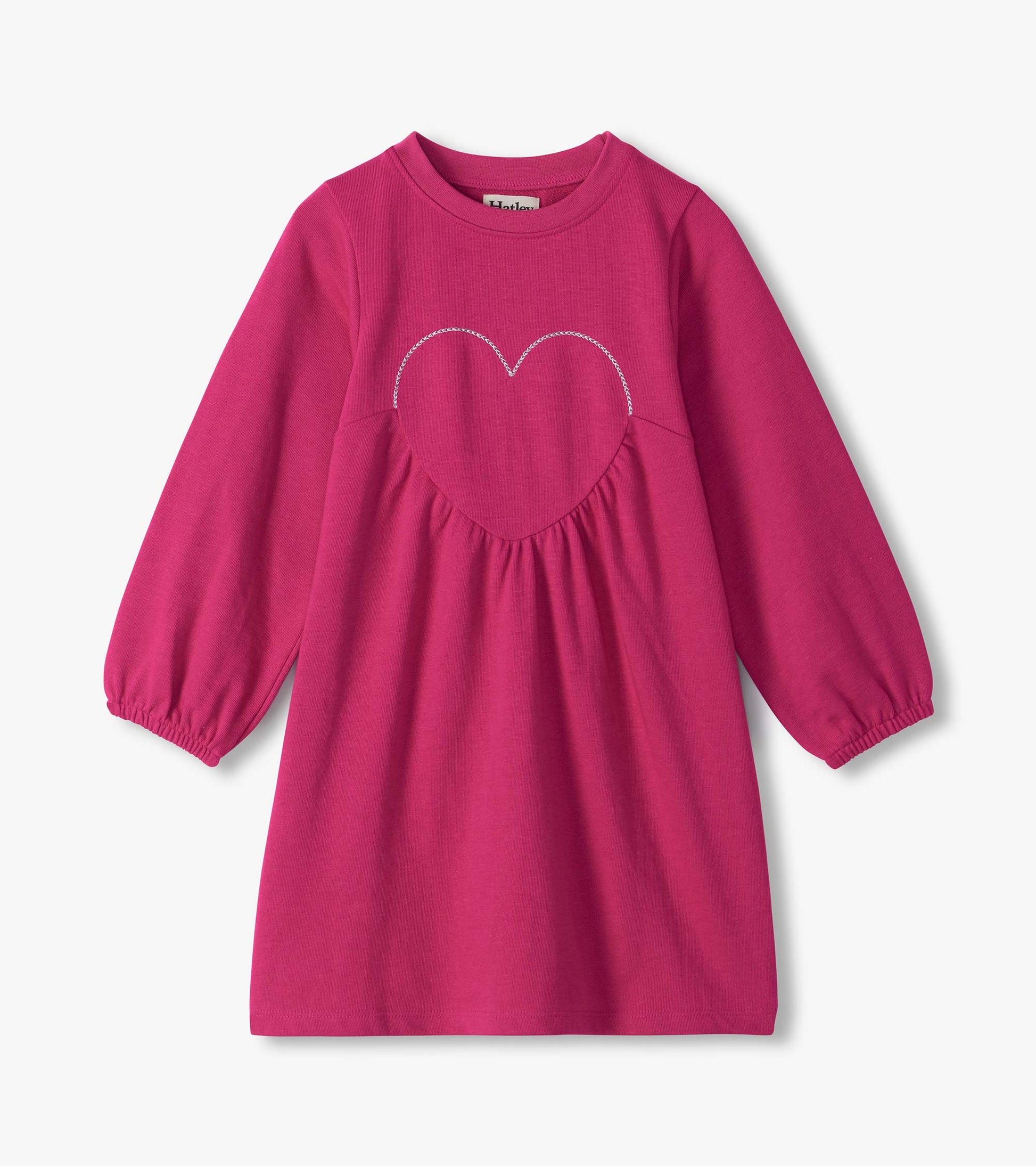 Kids berry pink long sleeve dress with a heart applique detail on the chest and gathered front
