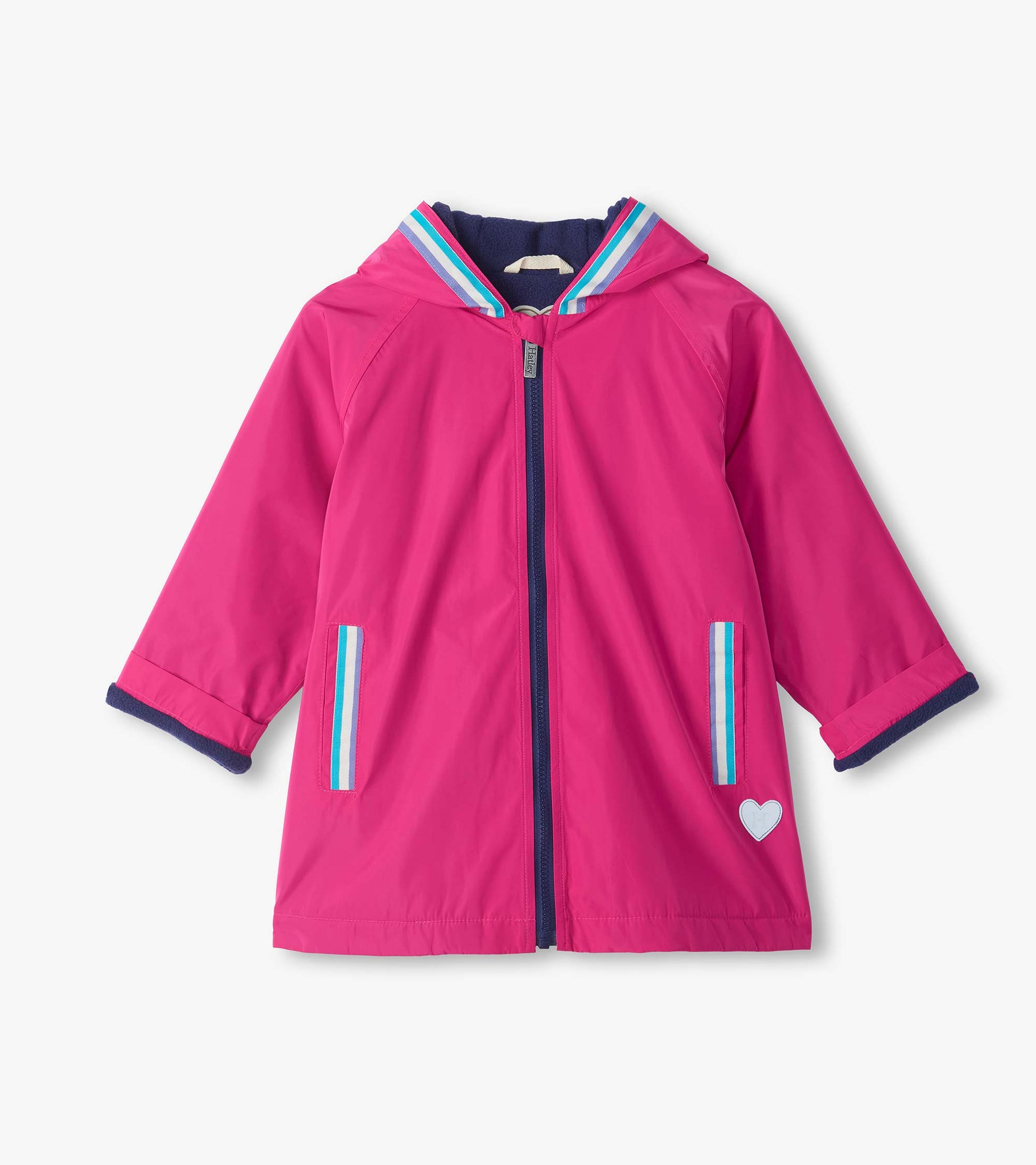 Front view of kids' berry pink hooded rain jacket with striped trim, zip front, pockets, and heart patch