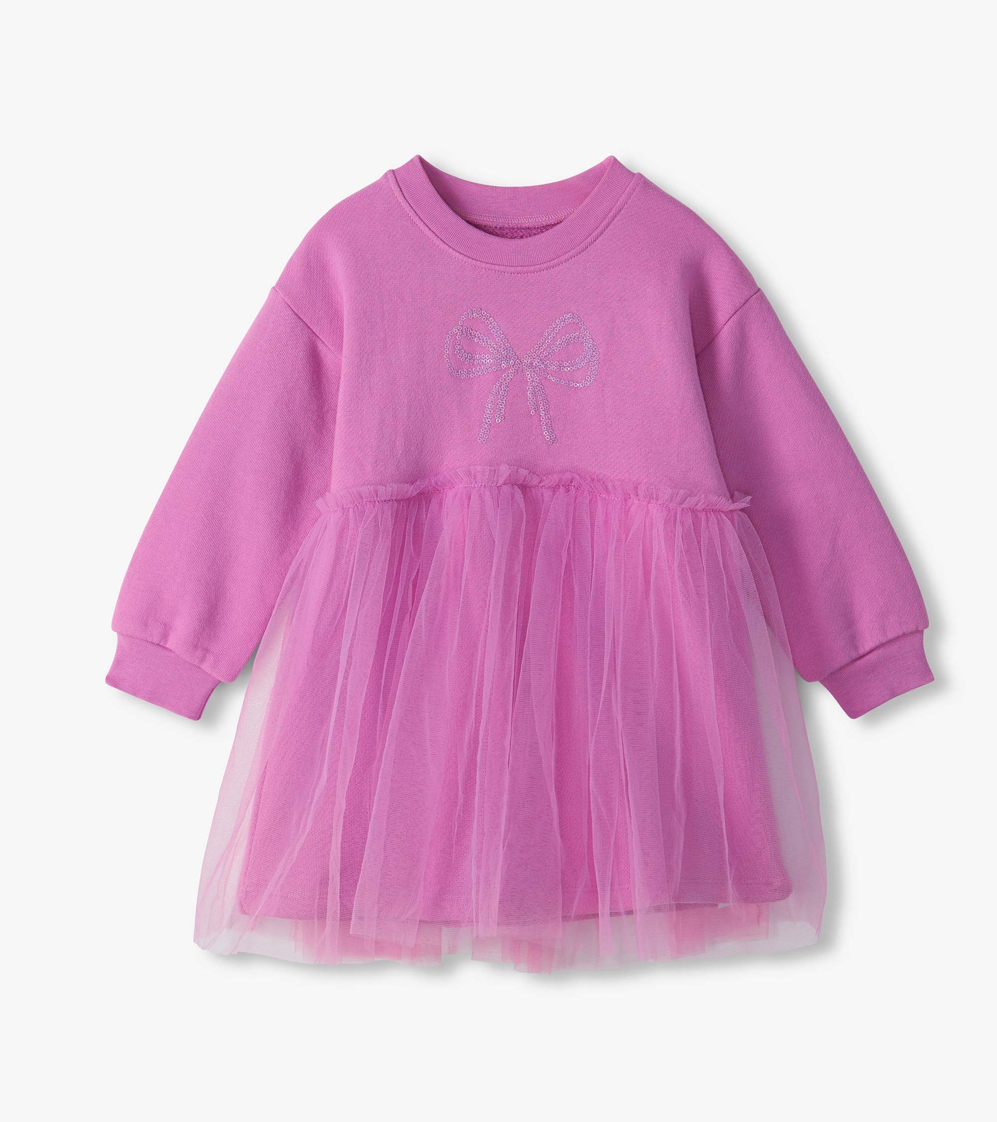 Infant violet long sleeve dress with a tulle skirt and bow graphic on the chest